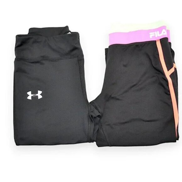 TWO Pairs Girls Black Cropped Gym Exercise Leggings Under Armour & FILA L 14 - Picture 1 of 7